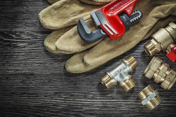 Protective gloves plumbing pipe wrench connectors water valve on wooden board