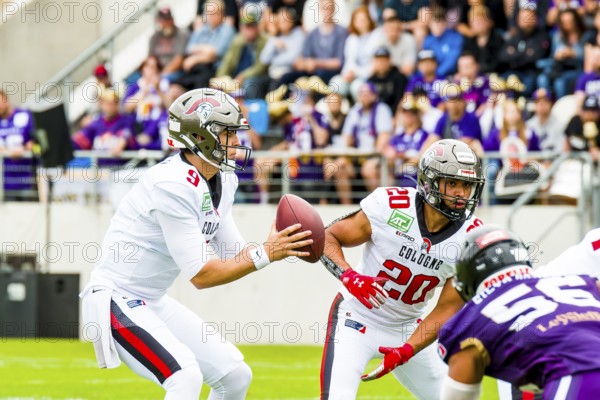 European League of Football, ELF/ Game : Cologne Centurions at Frankfurt Galaxy on July. 01. 2023, in the PSD Bank Arena, Frankfurt, Germany Cologne Centurions- QB # 9 Judd Erickson, RB # 20 Gerald Ameln