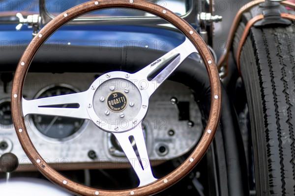 Vintage Bugatti 40 Cafe Racer built in 1926, 1496 cc, 48 hp, 120 km/h, close-up of the dashboard with steering wheel