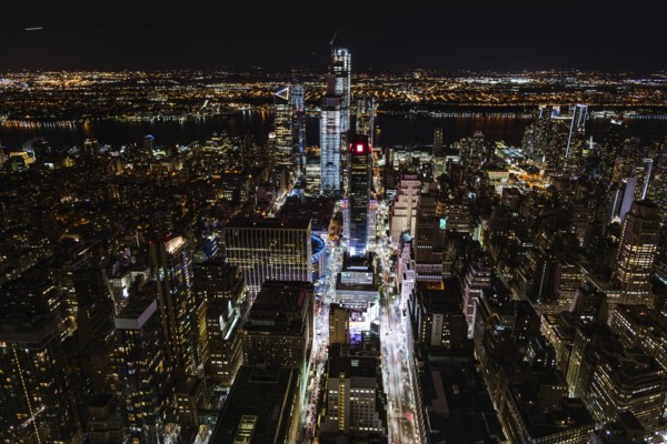 New York City, USA, June 25, 2018: High angle view of the skyline of Manhattan at night, North America