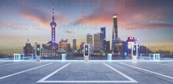 Empty parking lot with ev chargers glowing against the backdrop of the illuminated shanghai skyline at dusk, symbolizing sustainable urban transportation. 3D rendering