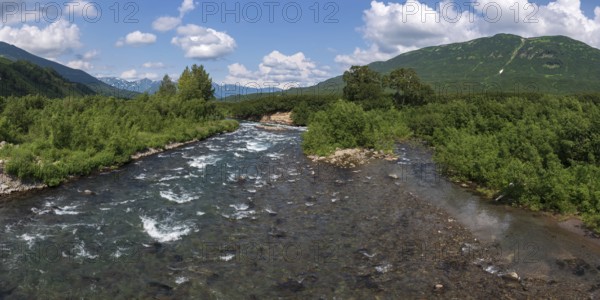 Stunning summer panoramic landscape of Kamchatka Peninsula: view of stream clear water of mountain Paratunka River and green forest on hills along riverbank on sunny day. Eurasia, Russian Far East