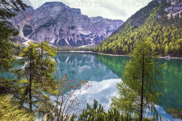 Stroll around the beautiful alpine lake Lago di Braies. The concept of walking and eco-tourism. Travel to South Tyrol, Italy, Europe