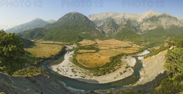 Vjosa river bend panorama at sunrise. I got up at 3 am in the morning to get there for the photo as the area is very remote from Gjirokastra. Panorama stich