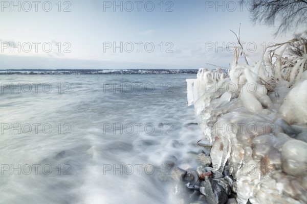 Frozen lake with waves and cloudy sky on a cold winter day, Hörnle, Constance, Lake Constance, Baden-Württemberg, Germany, Europe