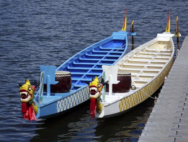 Decorated dragon boats are anchored on the Lotus Lake in Kaohsiung in preparation for the Dragon Boat Festival