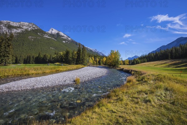 Magnificent valley in Banff National Park. Beneaped autumn stream with a pebbly bottom flows among the mountains and pine forests