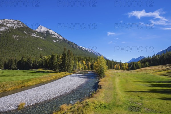 Beneaped autumn stream with a pebbly bottom flows among fields and pine forests. Magnificent valley in Banff National Park