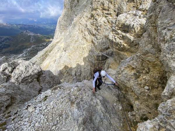 Adventurous hike up to mount Lagazuoi in the Dolomite Alps, autonomous pronvince of South Tirol in Italy