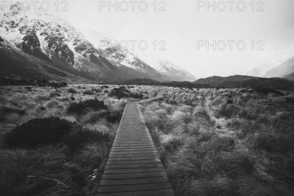 Long wooden walkway through grassy landscape with snow-capped mountains in the background in black and white, Hooker Valley Track, New Zealand, Oceania