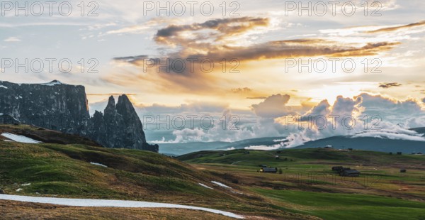 Panoramic view of Mount Sciliar from Alpe di Siusi in the Dolomites in South Tyrol, Italy, Europe
