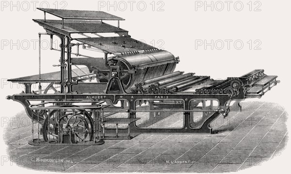 A large belt-driven printing machine, made by Alauzet, Paris, France, 19th century, Europe