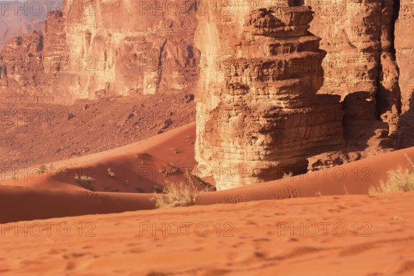 Sand dunes and rock mountains landscape in Wadi Rum desert, Jordan, Middle East, Asia
