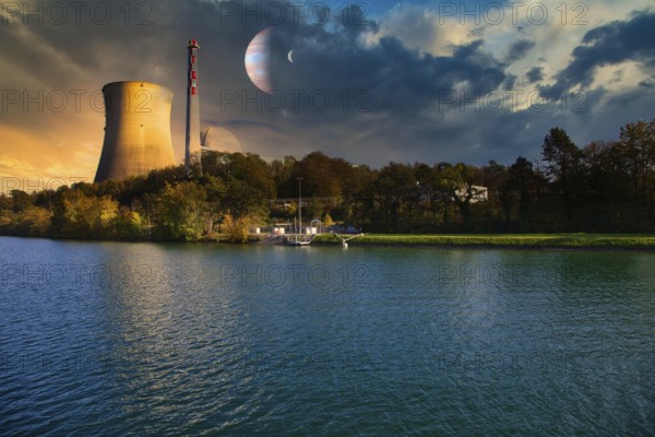 Nuclear power plant with cooling tower on the shore of a body of water at sunset with planets in the sky and dramatic clouds, Leibstadt, Switzerland, Europe