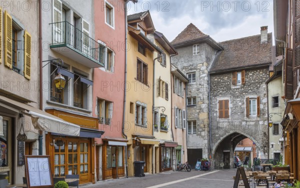 Street with historical houses in Annecy old town, France, Europe