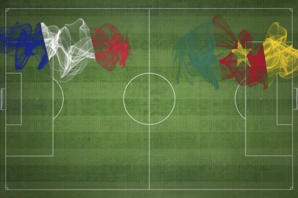 France vs Cameroon Soccer Match, national colors, national flags, soccer field, football game, Competition concept, Copy space