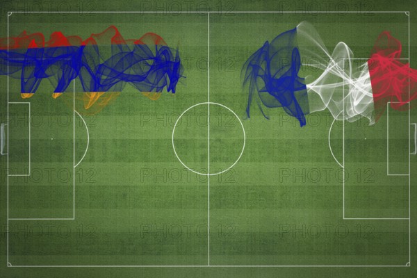 Armenia vs France Soccer Match, national colors, national flags, soccer field, football game, Competition concept, Copy space