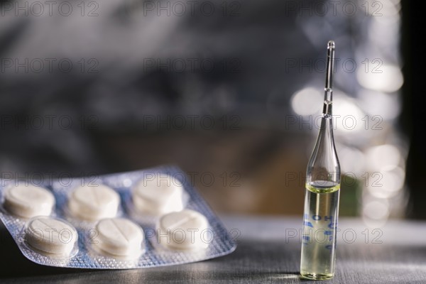 Pills, Syringe And Ampoule With Vaccination On Dark Table