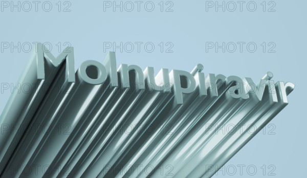 Poltava, Ukraine - 19 October 2021 Molnupiravir pills, treatment of covid. Coronavirus medication, 3d render.Blue text background. High quality 3d illustration