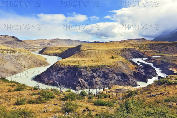 National Park Torres del Paine, Patagonia, Chile. The river bends between the hills, forming the Horseshoe Paine