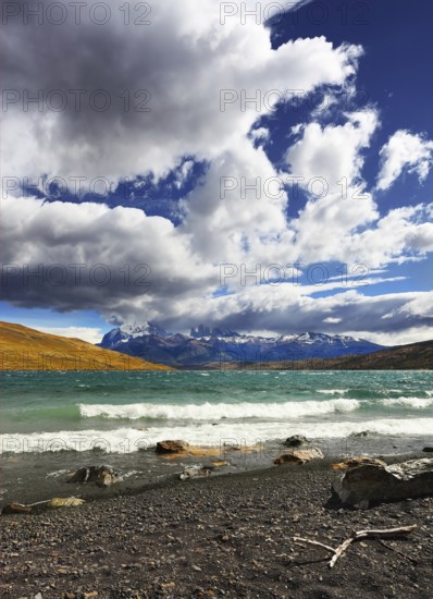 Stormy wind blows the clouds over the lake Laguna Azul. National Park Torres del Paine. Patagonia, Chile, South America