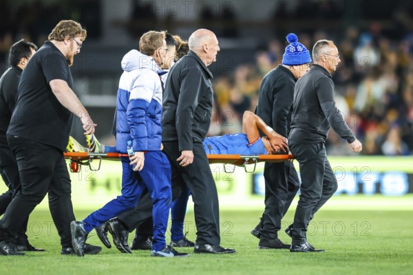 MELBOURNE, AUSTRALIA, JULY 14 : Selma Bacha of France is injured after a tackle with Hayley Raso of Australia as Australia plays France in a World Cup 2023 Send Off friendly match on 14th July 2023
