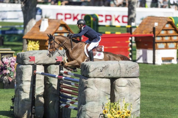 Sameh El Dahan of Great Britain, riding WKD Aimez Moi competes in the BMO Nations Cup during the CSIO Spruce Meadows, Masters, in Calgary, Alberta, Canada, North America