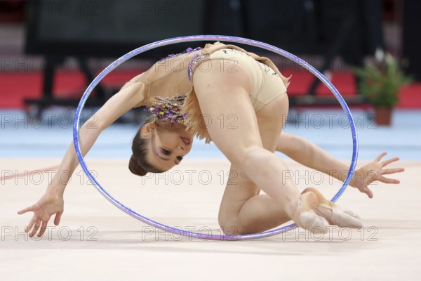 Sofia, Bulgaria - 1 April, 2018: Evita Griskenas USA performs with hoop during Rhythmic Gymnastics World Cup Sofia 2018. Individual tournament
