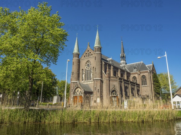Impressive church with towers and grand architecture, surrounded by trees under a blue sky, alkmaar, the netherlands