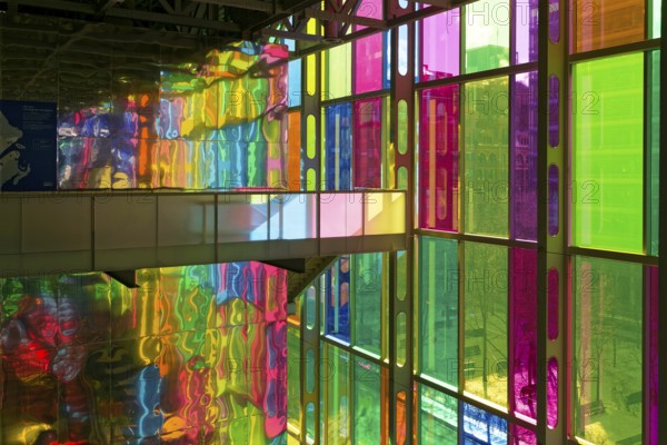 Colourful window reflections in the convention centre, Montreal, Province of Quebec, Canada, North America