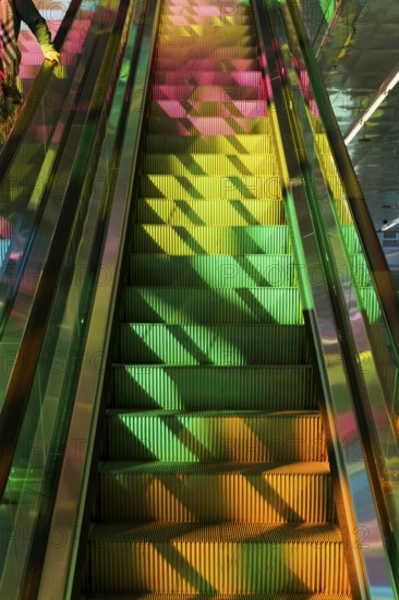 Colourful reflections on stairways, convention centre, Montreal, Province of Quebec, Canada, North America