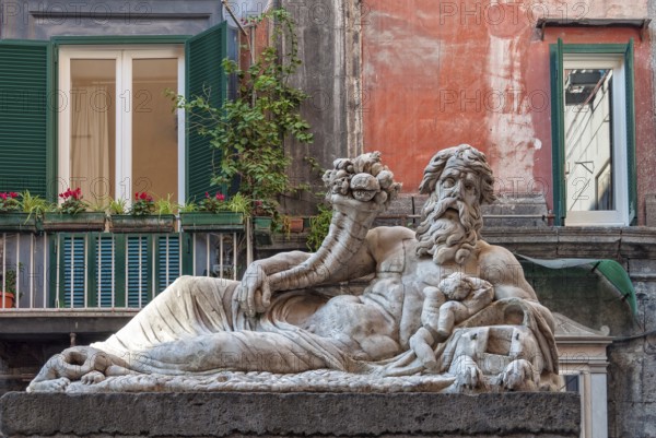 The marble statue of the Nile God in front of the church of Santa Maria Assunta dei Pignatelli, Naples, Campania, Italy, Europe