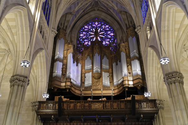 Saint Patricks Old Cathedral or Old St. Patricks, Lower Manhattan, Majestic organ with decorations in a Gothic church, Manhattan, New York City, New York, USA, North America