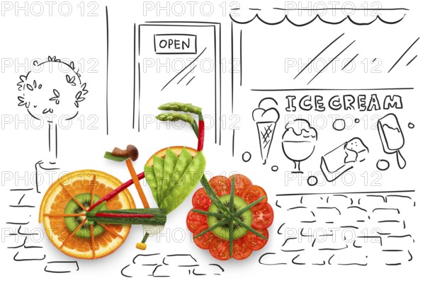 Creative food concept photo of a bicycle, made of fruit and vegetables, parked on sketchy urban background