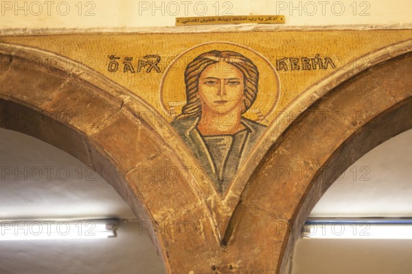Madaba, Jordan, November 5, 2022: Interior walls of Greek Orthodox church of St George, known by its Byzantine and Umayyad mosaic, Asia