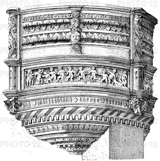 Historical architectural illustration from the 19th Century, 1882, facade with bay windows in Renaissance style, Dresden, Saxony, Germany, Europe, Historische Architektur-Zeichnung aus dem 19. Jahrhundert, 1882, Erker am Neumarkt, Dresden, Sachsen, Deutschland, Europa, Europe