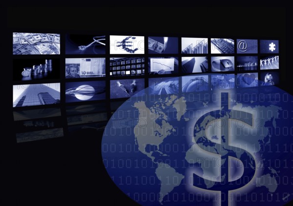 Business corporate, world map, multiple screen. Metaphor mixing photo and ilustration in blue color