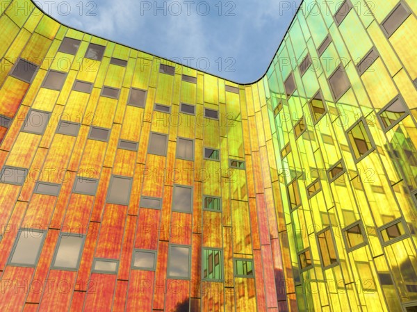 DEVENTER, NETHERLANDS, AUGUST 18, 2023: Colorful facade of a modern office building. The building is called L'Arc en Ciel, designed by L'M Architects
