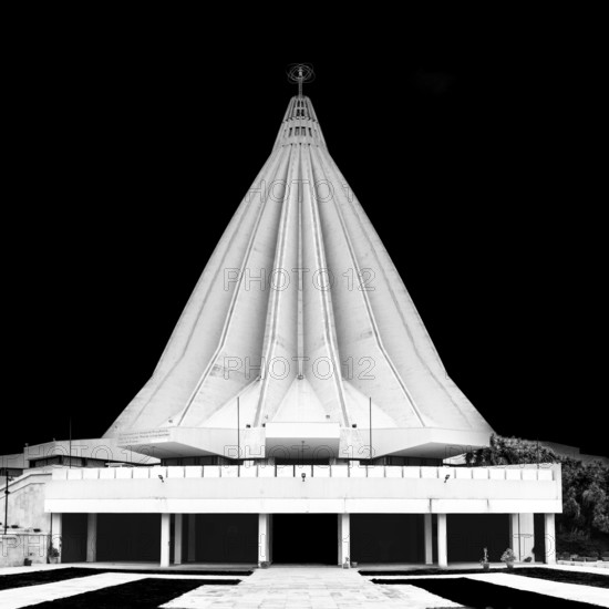 Syracuse, Italy, 28 December, 2023: black-and-white view of the Madonna delle Lacrime Cathedral in downtown Syracuse, Europe