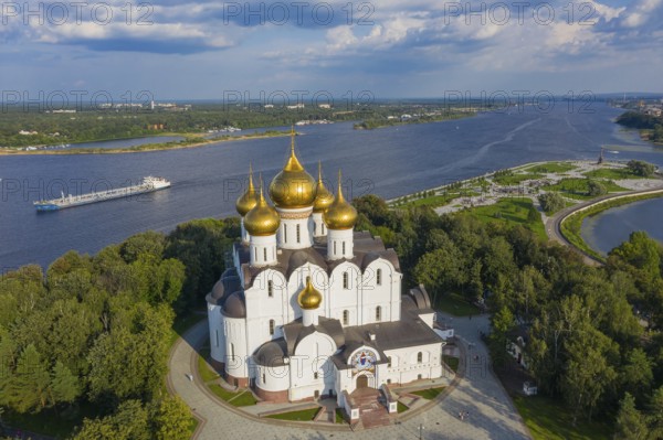 Aerial view of the Assumption Cathedral in Yaroslavl, park Strelka and Volga river