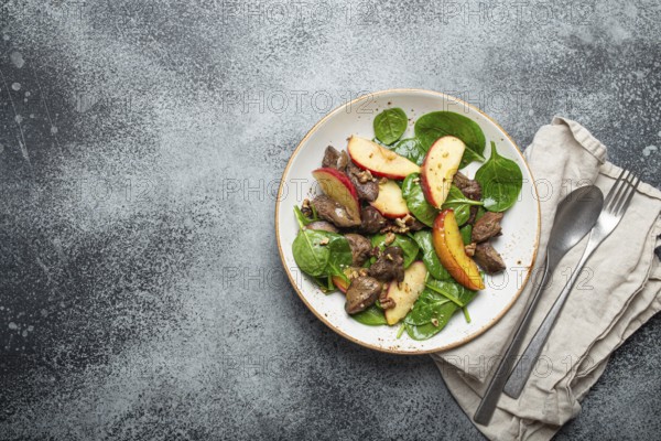 Healthy Salad with Iron Rich Ingredients Chicken Liver, Apples, Fresh Spinach and Walnuts on White Ceramic Plate, Grey Rustic Stone Background Top View Copy Space, food photography, food photography