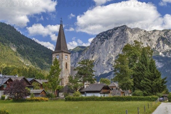 View of Altaussee village with parish church, Styria, Austria, Europe