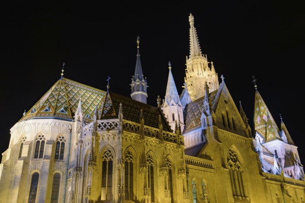 Night view of Matthias Church, a Catholic church located in the Holy Trinity Square, Buda's Castle District, Budapest, Hungary, Europe