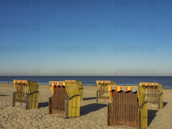 Several beach chairs stand on the sandy beach overlooking the calm sea on a clear, sunny day, egmond aan zee, the netherlands