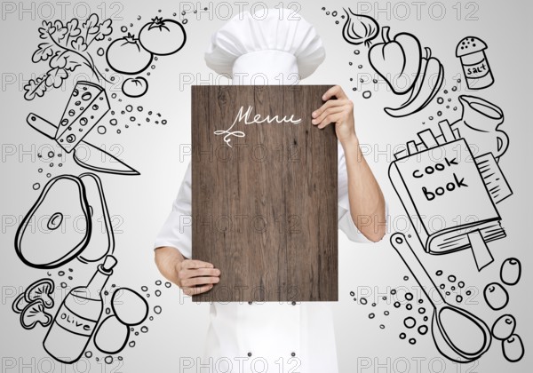 Restaurant Chef on a sketchy background hidden behind a wooden chopping board for a business lunch menu with prices