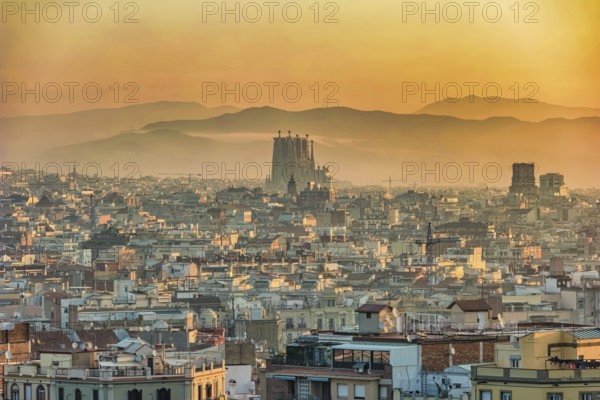 Barcelona Spain, aerial view sunrise city skyline at city center