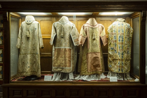 Dalmatics and chasubles, museum of religious art and paleontology, Church of San Bartolomé, Atienza, Guadalajara Province, Spain, Europe