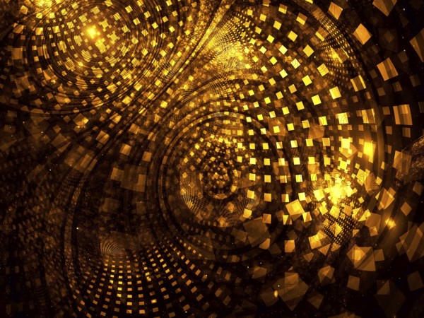 Golden fractal background or texture - mosaic with curved concentric circles and tiles, abstract computer-generated image. Digital art: curves, cells and light effects. For cards, covers, covers