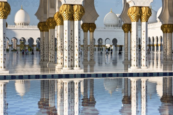 Beautiful gallery of famous Sheikh Zayed White Mosque in Abu Dhabi, UAE. Reflections