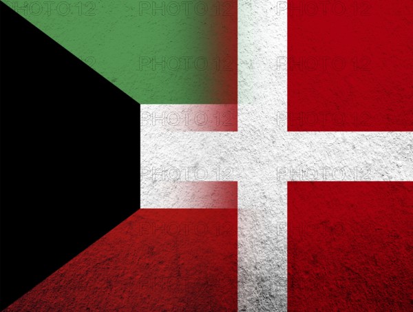 The Kingdom of Denmark National flag with The State of Kuwait National flag. Grunge Background